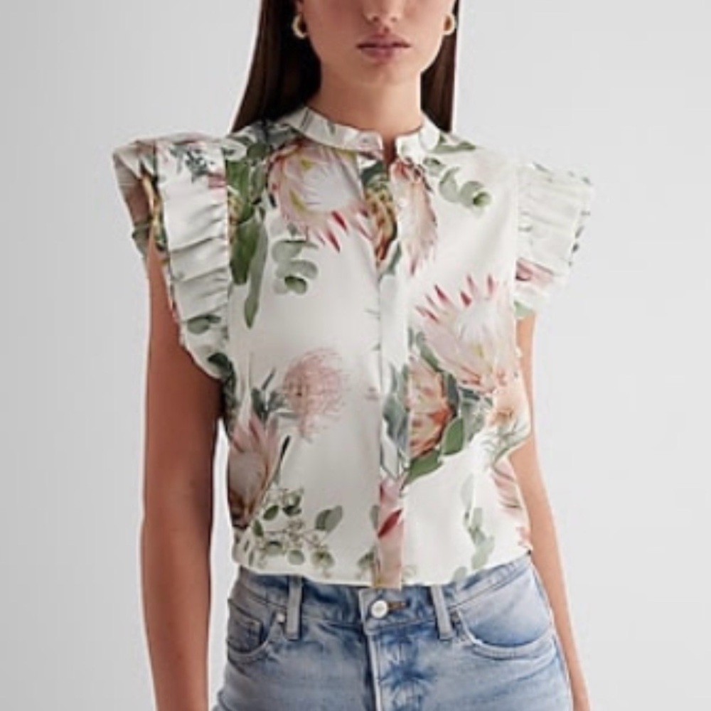 NWT Express Floral Satin finish Flutter Sleeve Button Up Gramercy Shirt